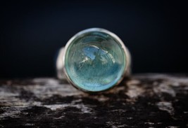 Cats Eye Aquamarine Cabochon Ring Natural Aquamarine Sterling Silver Ring - £161.31 GBP