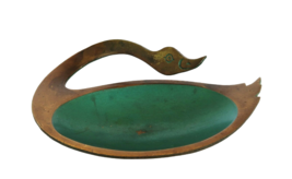 Vintage green enamel &amp; brass swan trinket dish made in Israel - $19.99
