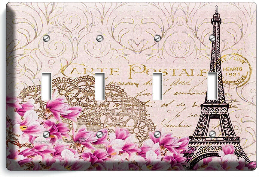 VINTAGE EIFFEL TOWER MAGNOLIA FLOWERS PARIS POST CARD 4 GANG LIGHT SWITCH PLATES
