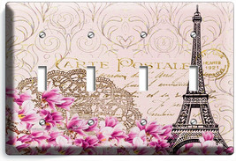 Vintage Eiffel Tower Magnolia Flowers Paris Post Card 4 Gang Light Switch Plates - £14.61 GBP