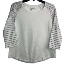 Zenergy Chicos Shirt Women S White Slub Knit Gray Stripe Sleeve Silver Cotton - £13.51 GBP