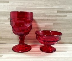 Viking Ruby Red Glass Georgian Honeycomb -1 Water Goblet &amp; 1 Dessert Glass - £13.35 GBP