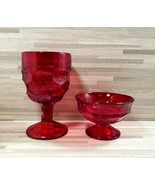 Viking Ruby Red Glass Georgian Honeycomb -1 Water Goblet &amp; 1 Dessert Glass - £13.44 GBP