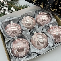 Set of 6 pink Christmas glass balls, hand painted ornaments with gifted box - $71.25