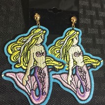 Mermaid Earrings Dangle Embroidered 2.75 inches Pierced Gold Tone with Backs - £9.88 GBP