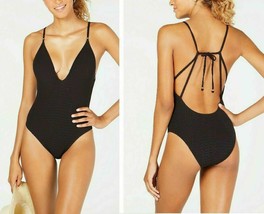 New $114 Lucky Brand Women&#39;s Shoreline Strappy Plunge One-Piece Swimsuit Black M - £35.60 GBP