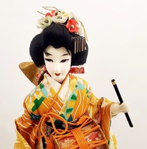 Japanese Geisha Doll Cloth Gofun in Maple Green White Kimono w/ Drum 18&quot; - £62.10 GBP