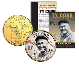 TY COBB * Hall of Fame * Legends Colorized Michigan Quarter 24K Gold Plated Coin - £6.77 GBP