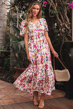 Red Floral Short Sleeve V Neck High Waist Maxi Dress - $37.99+