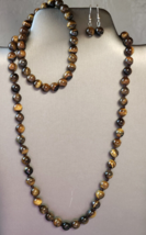 Tiger&#39;s Eye Knotted Necklace, Earrings and Bracelet Set in Sterling 19.5-21 In. - £24.01 GBP