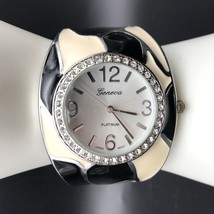 Vintage Geneva Platinum Watch 6964 Cow Cuff Bracelet Clear Crystal Sparkle - £81.20 GBP