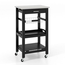 Kitchen Island Cart with Stainless Steel Tabletop and Basket-Black - £81.13 GBP