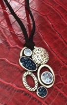 Blue Stone Silver Tone Pendant  With Black Velvet Necklace 17&quot; Long New With Tag - $23.97