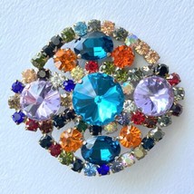 Vintage Large Colorful Rhinestones Rivoli Cut Table Faceted Glass Brooch 2.5” - £59.91 GBP