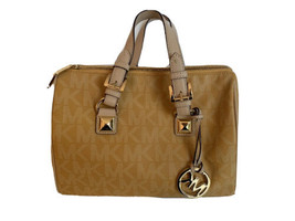 Michael Kors Top Zip Satchel Handbag Goldtone pebbled buckles gold/tan logo - $148.45