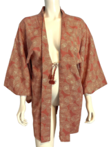 Japanese Silk Yukata Peach and Gold Oval Print Tie Front One Size - $56.99