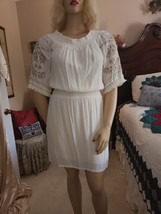 White Gauze Sz L Hippie Festival Mini Dress Smocked Elastic Neck &amp; Waist BoHo - £22.15 GBP