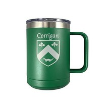 Corrigan Irish Coat of Arms Stainless Steel Green Travel Mug with Handle - $27.43