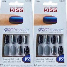 2x Kiss Nails Glam Fantasy Press or Glue Manicure Medium Gel Oval Black Silver - £16.42 GBP