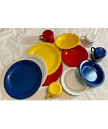 Vintage Melmac Dallas Ware 12 Piece Plates Bowls Mugs White Red Yellow Blue - $75.29 CAD