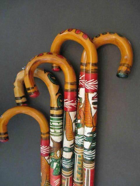 Primary image for Hand Carved Wooden Cane Walking Stick Mexican Aztec Hand Painted Mexico ONE Cane