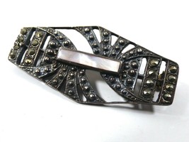 VTG Art Deco style Sterling Silver 925 Marcasite Mother of Pearl Pin Brooch bar  - £35.23 GBP