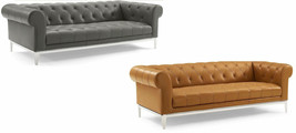 Chesterfield Sofa Genuine Top Grain Soft Gray or Tan Leather Diamond Tufted - £1,295.68 GBP