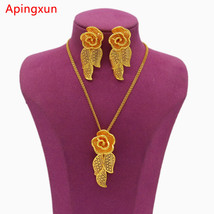 Apingxun 24K Gold Color Pendent Necklace&amp;Earrings Set Women Bridal Wedding Charm - £34.51 GBP