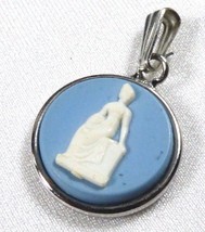 Vtg Lovely Silver Tone White On Blue Lady Cameo Charm Pendant - £10.79 GBP