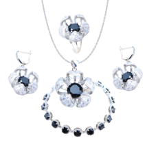 Anyco Jewelry Set 4Pcs Black Round Stone Zircon 925 Silver Floral - $64.90+