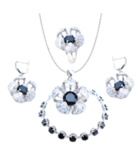 Anyco Jewelry Set 4Pcs Black Round Stone Zircon 925 Silver Floral - $64.90+