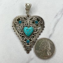 Silver Tone Faux Turquoise Cabochon Heart Rhinestone Pendant - £5.43 GBP