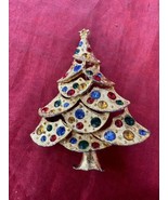 JJ Signed VTG Christmas Tree Brooch Pin Gold Tone Rhinestones Costume Je... - $29.58