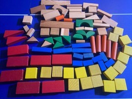 Lot of 75+ Piece Child&#39;s Vintage Colorful Wooden Building Blocks - £47.48 GBP