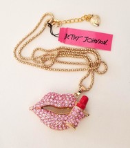Betsey Johnson Pink Crystals Lips Lipstick Pendant Necklace Gold Chain NEW - £19.61 GBP