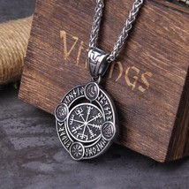 Viking Rotate Rune Necklace Stainless Steel Chain Pendant Men&#39;s Gifts Wooden Box - £14.31 GBP
