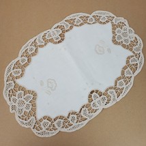 Vintage Embroidery Table Runner Dresser Doily Beige 16x11 Inch Oval - $13.10