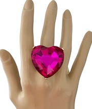 1.3/8&quot; Dropl Fuchsia Pink Crystal Heart Stretch Cocktail Ring Costume Je... - $16.25