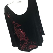 Chicos Travelers SZ 1 Boho Top Black Red Sequins stretchy Top tunic blouse - £15.81 GBP