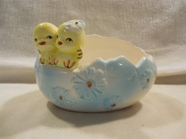 Vtg Giftwares Nancy Pew Taiwan Ceramic Blue Easter Egg with Chicks Planter 3&quot; - £13.40 GBP
