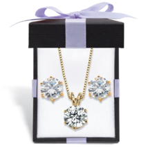 ROUND CZ SOLITAIRE STUD EARRINGS NECKLACE GP SET 14K GOLD STERLING SILVER - £157.59 GBP
