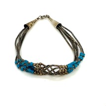 Vintage Sterling Liquid Silver Turquoise Stone Braided Mesh Link Bracele... - $39.60
