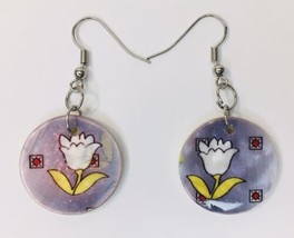 Tulip Flower on Mother of Pearl Dangle Earrings Medallion Coin Shape  - £5.57 GBP