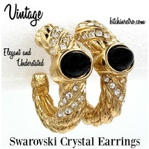 Swarovski Crystal Vintage Hoop Earrings With Black Cabochons - £27.73 GBP
