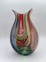 Art Glass Vase Hand Blown 11.5” Reds,Blues, Greens Murano Style Fluted Top - £54.12 GBP