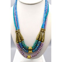 Multi Strand Colorful Heishi Festoon Necklace with Fluted and Embossed Brass - £48.16 GBP