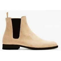 Men&#39;s Beige Color Chelsea Jumper Slip On Genuine Suede Leather High Ankle Boots - £127.88 GBP+