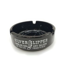 Silver Slipper Las Vegas Strip Gambling Hall Black Glass Souvenir Ashtray - £7.75 GBP