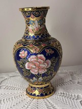 cloisonné enamel blue pink flowers gold  small vase - $21.99