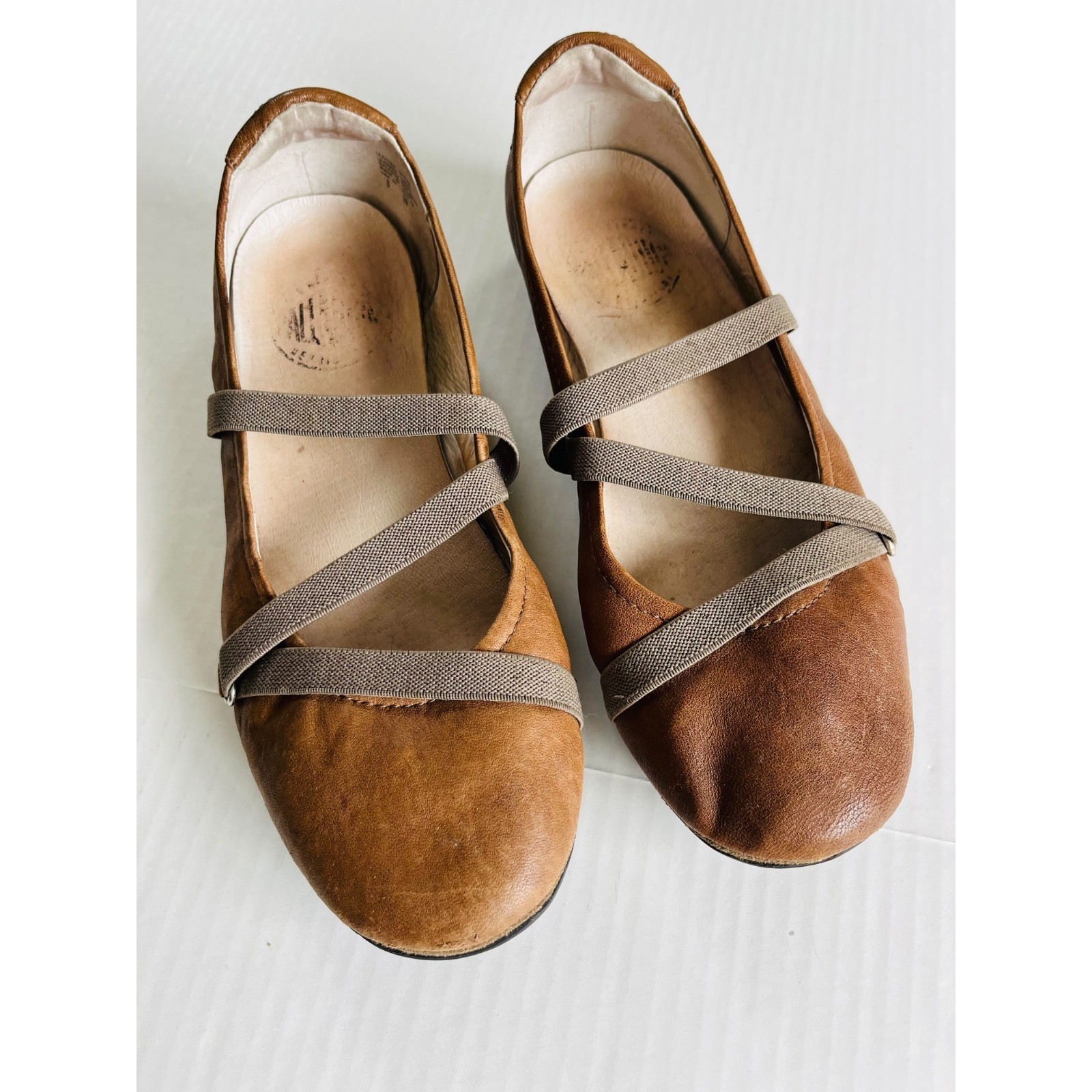 Palladium Sz 8 Brown Leather Elastic Straps Slip On Ballet Flats Casual ... - $14.78